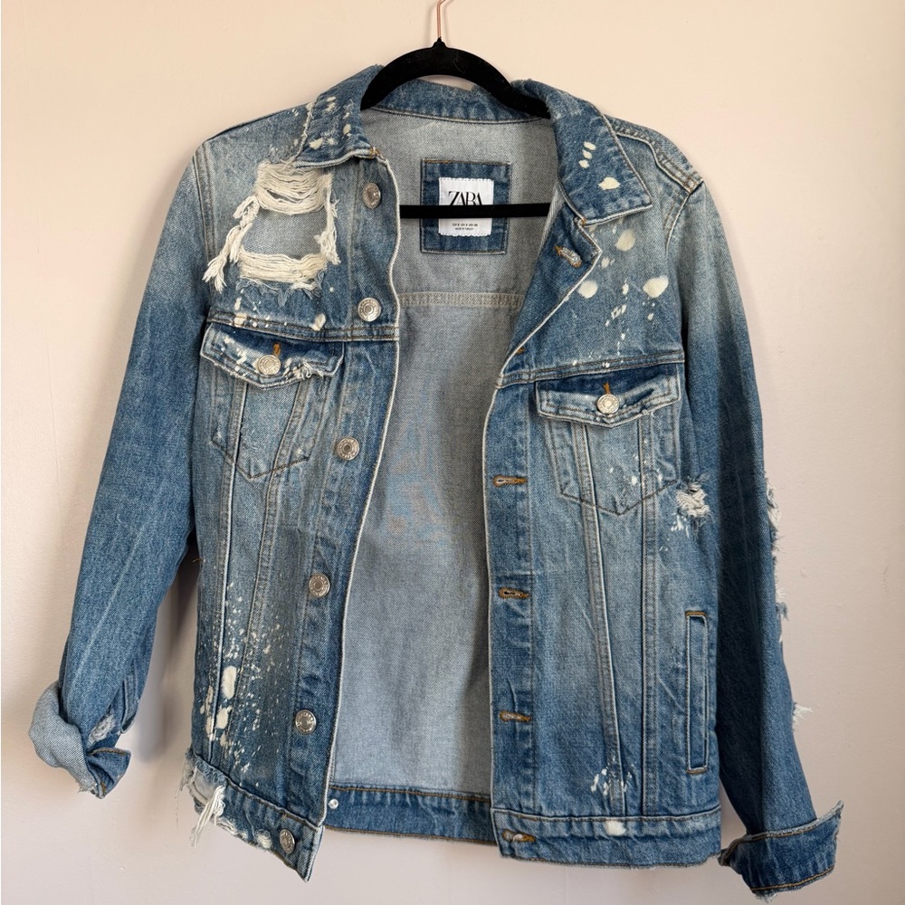 Zara Distressed Denim Jacket Bleach Splatter Cropped Size Small